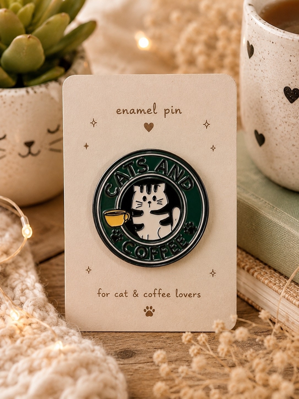 Cats and Coffee Enamel Pin - Green & Black New